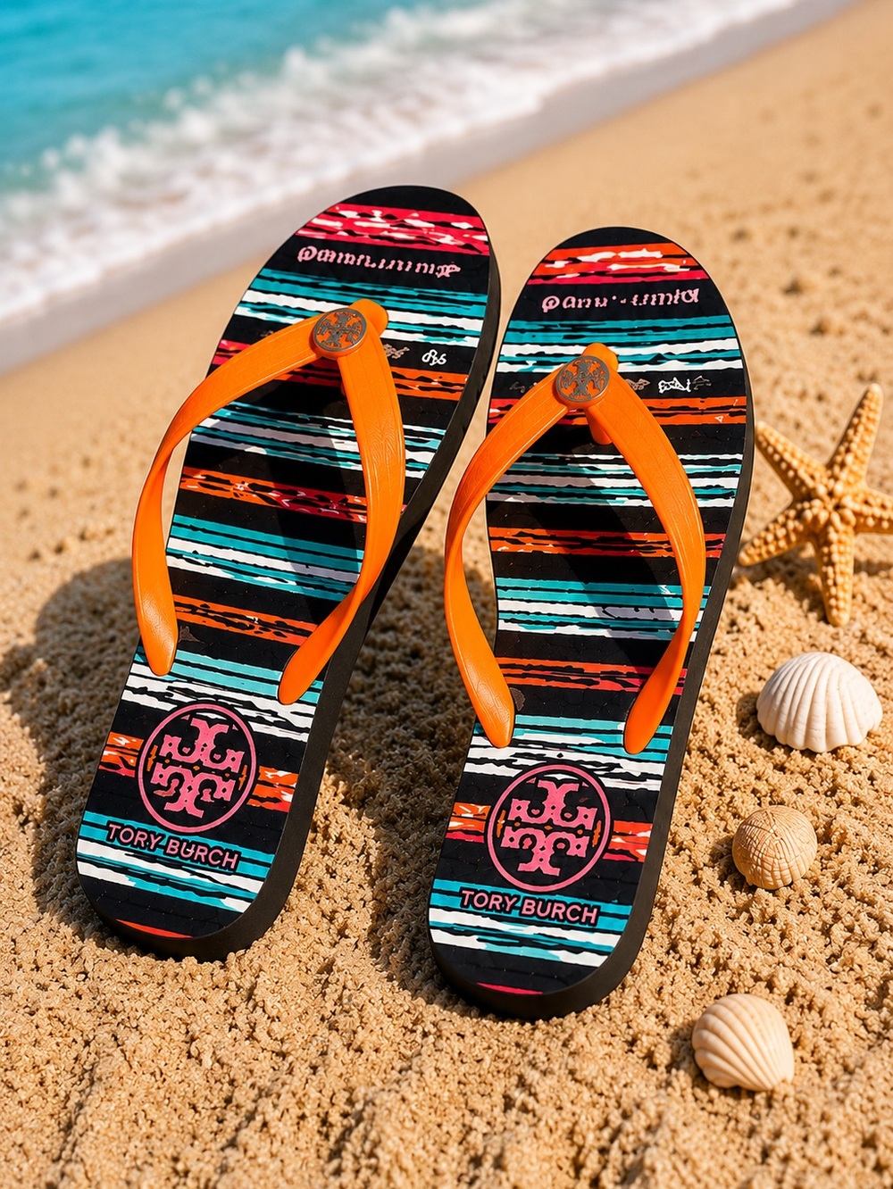 Tory Burch Striped Flip Flop Sandals Orange Logo Beach Resort Size 8